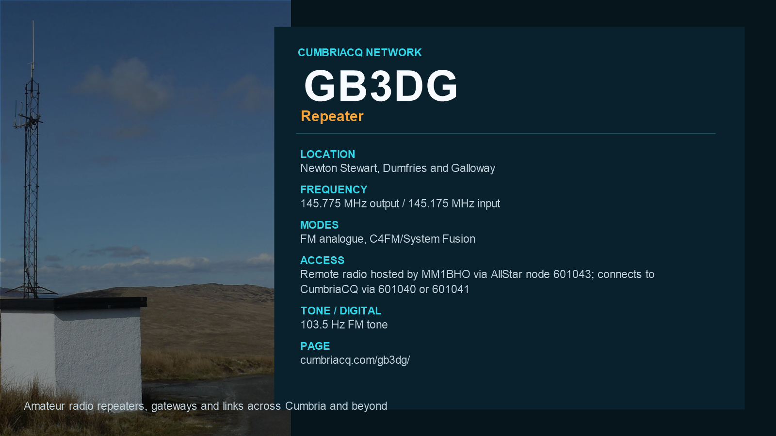 GB3DG CumbriaCQ repeater and gateway information card